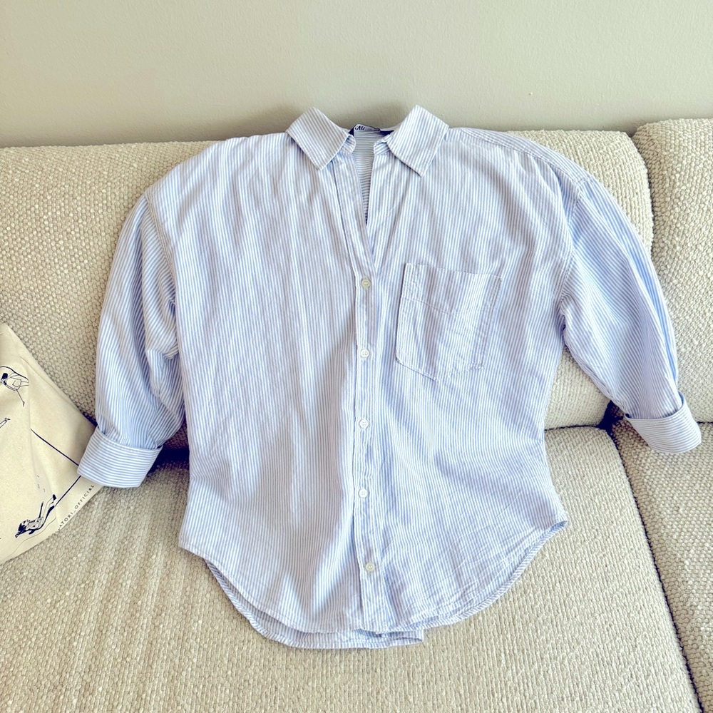ZARA Blue White Striped Cotton Oxford Button Down Shirt